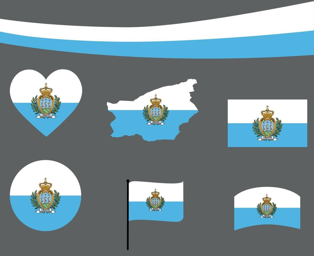 Bandeira de san marino mapa fita e ícones de coração vetor abstrato