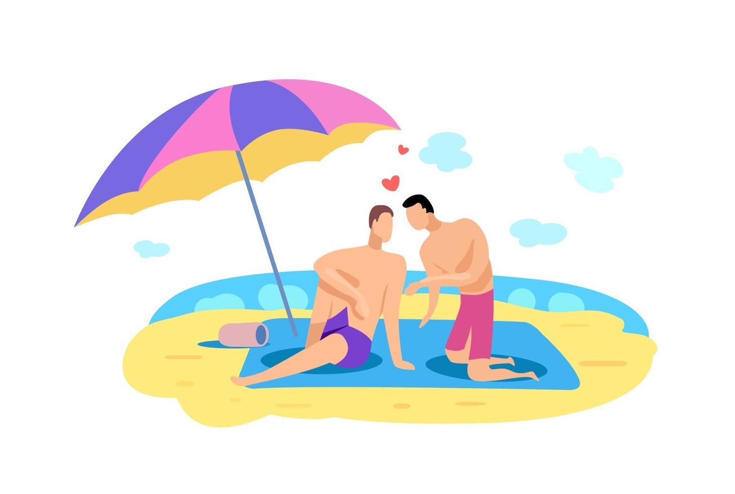 casal gay relaxando na praia à beira-mar vetor