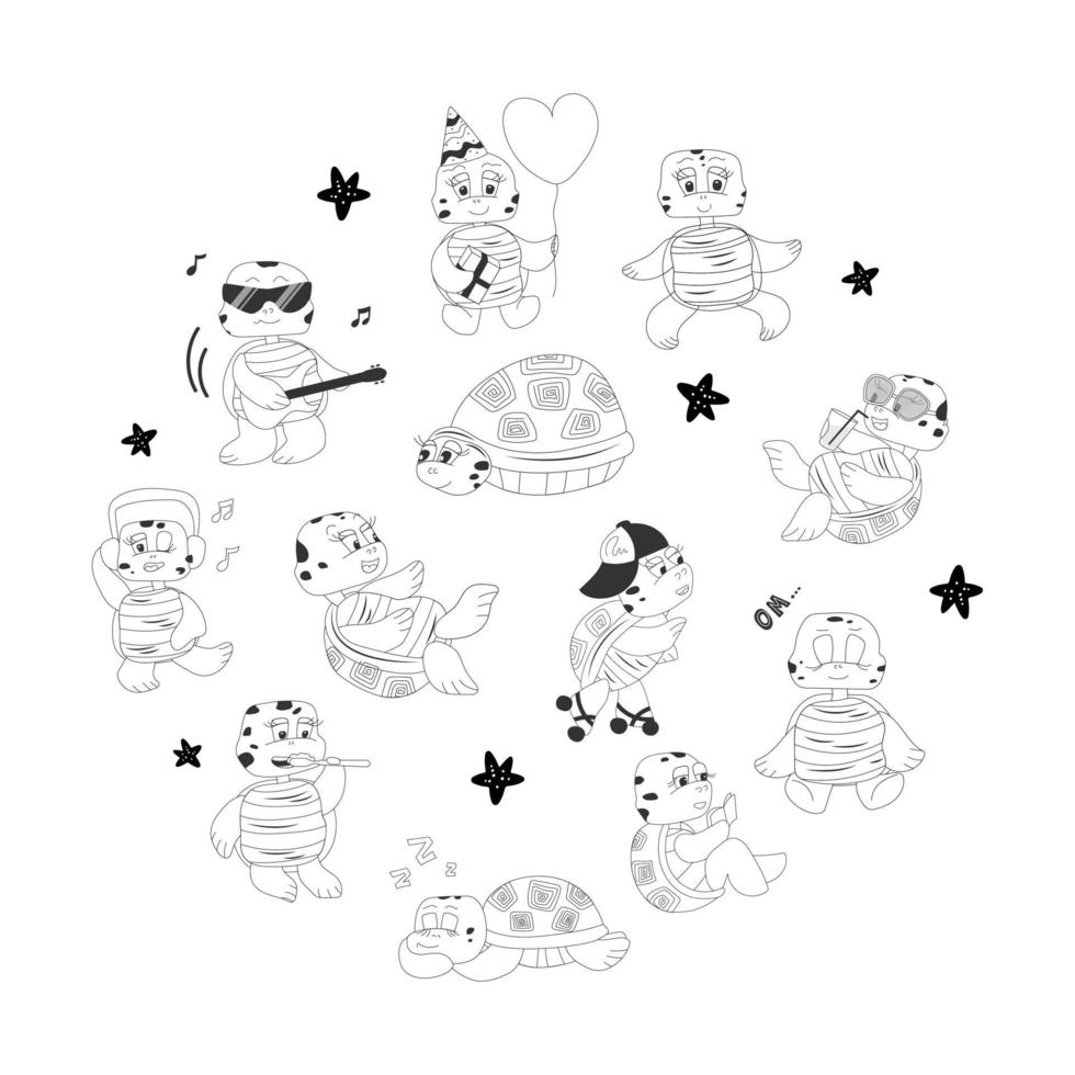 conjunto de personagens fofinhos de tartaruga em estilo de contorno vetor