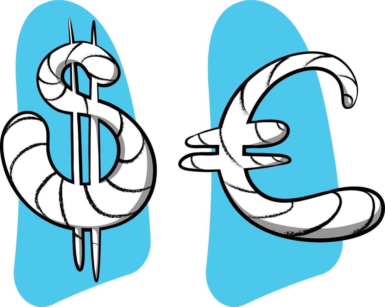 símbolos de moeda dólar e euro forma abstrata mancha cores neon vetor