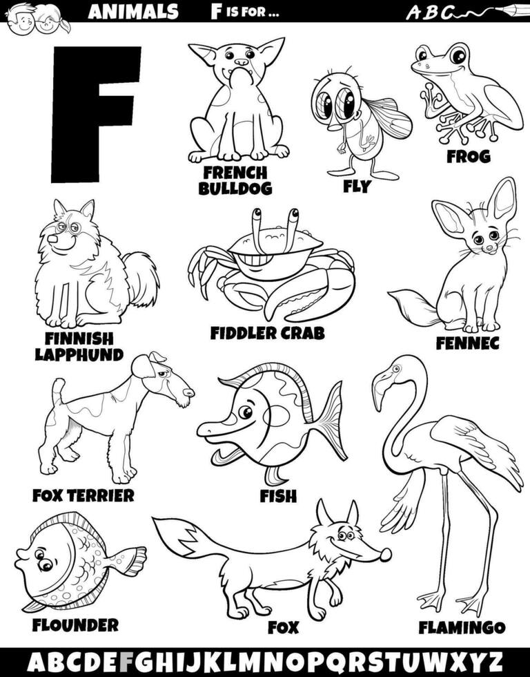 desenho animado animal personagens para carta f conjunto coloração página vetor