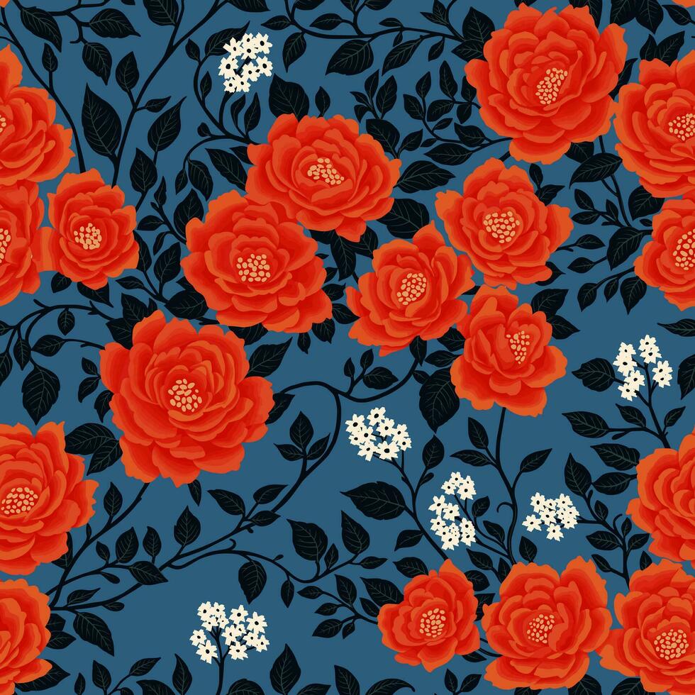 floral desatado padronizar do vermelho e branco flores e Preto folhas em azul dentro uma chinoiserie estilo. mão desenhado arte. papel de parede Projeto para têxteis, papéis, impressões, moda, fundo, beleza produtos. vetor