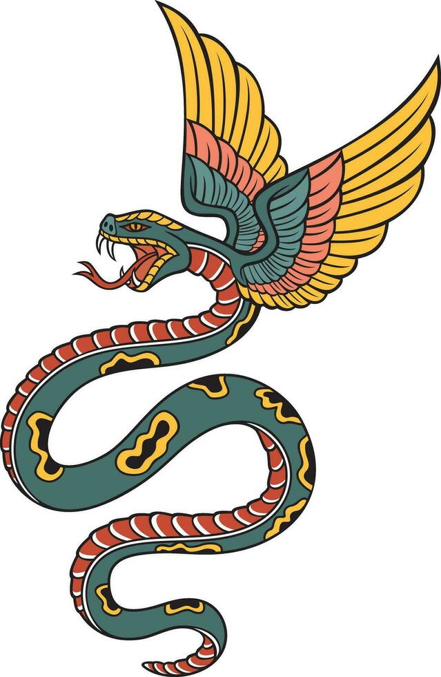 velho escola estilo tatuagem serpente com asas Projeto. vetor ilustração.