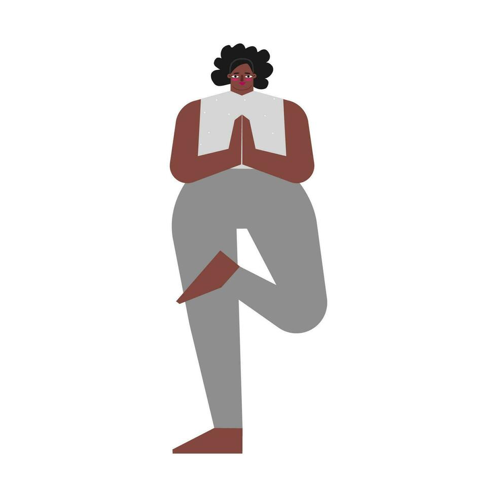 vetor isolado conceito com plano corpo positivo fêmea personagem. africano americano mulher aprende postura e faz metade lótus árvore pose às ioga aula. básico exercício - ardha Padma vrksasana