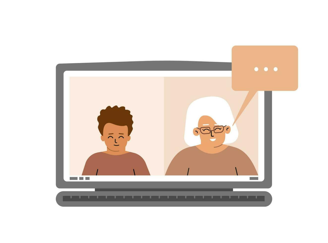 vetor ilustração. tela do computador portátil com criança Garoto e idosos professor. conectados distante Educação dentro quarentena tempo. rede plataforma para Educação escolar em casa e conectados cursos. avó fala com neto