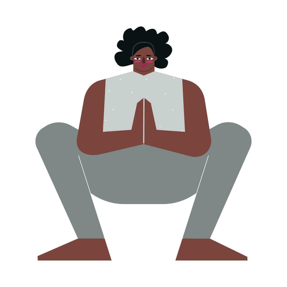 vetor ilustração com plano fêmea corpo positivo personagem. esportivo africano americano mulher aprende alongamento postura para meditação e faz festão pose às ioga aula. sentado exercício - malasana