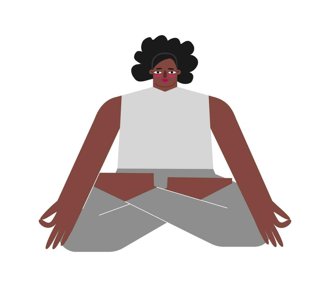 vetor isolado conceito com plano fêmea personagem. Forte africano americano mulher aprende alongamento postura e faz lótus pose às ioga aula. básico sentado exercício para meditação - padmasana