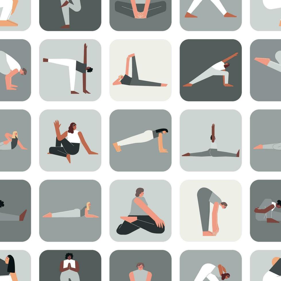 vetor desatado padronizar ioga poses dentro cinzento cores. plano monocromático ilustrado coleção em quadrado forma com hispânico, africano e caucasiano mulheres fazer esporte exercícios gostar asanas, alongamento