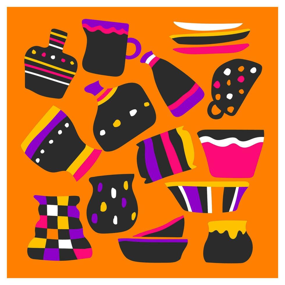 vetor colorida conceito com fofa feito à mão cerâmico talheres em laranja fundo. coleção do mão desenhado louça de barro tem tigela, vasos, xícara, pratos, jarra, jarro, jarro. quadrado Projeto com pratos