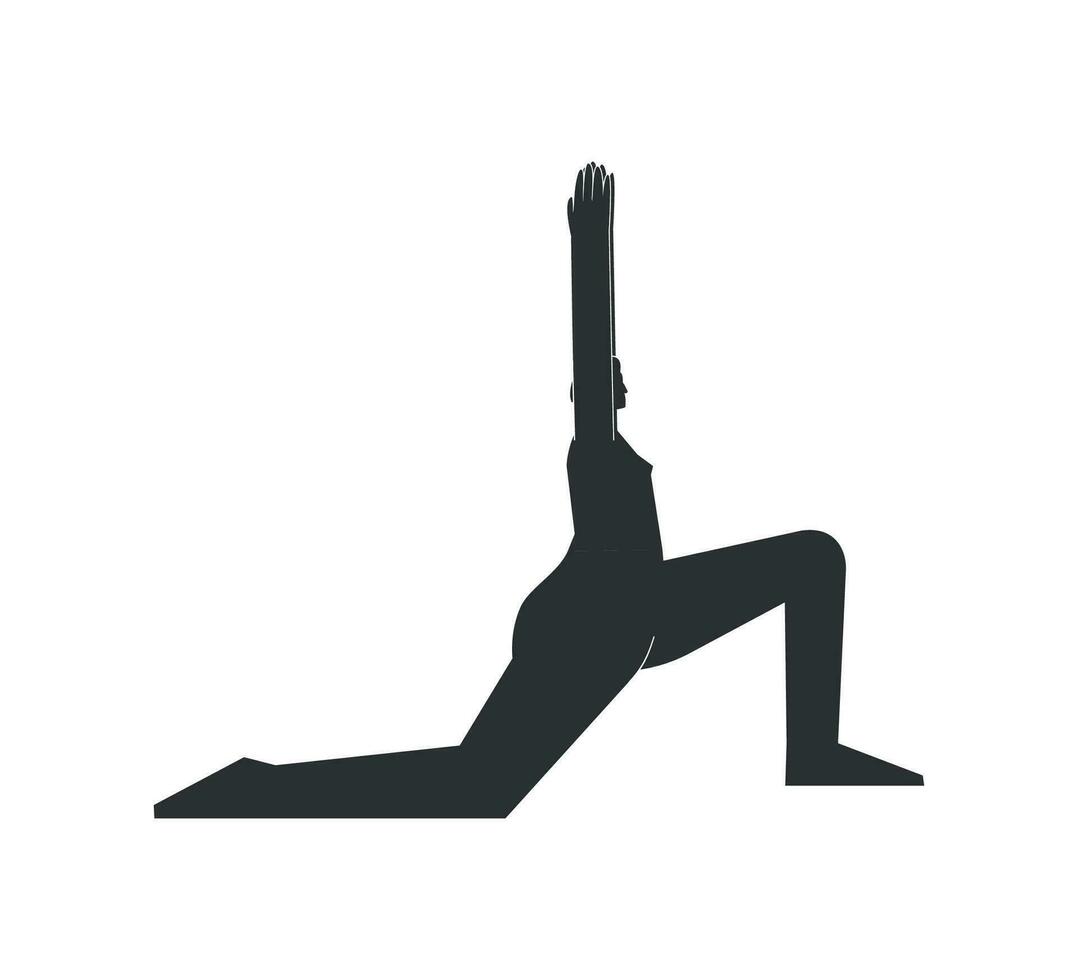 vetor isolado ilustração com plano Preto silhueta do fêmea personagem. esportivo mulher aprende Reforço ioga postura. ginástica exercício - crescente pose Alto estocada. minimalista Projeto