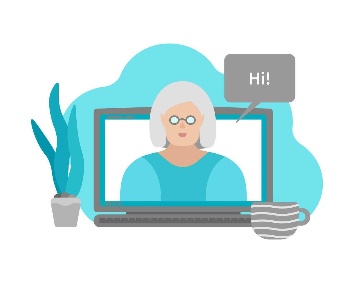 vetor isolado ilustração com exibição do computador portátil e idosos mulher em tela. conectados bate-papo com família e amigos, ou encontrar amor em namoro sites e aplicativos. plano estilo. tecnologias para Senior pessoas