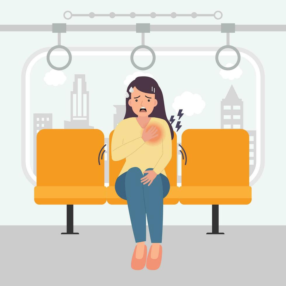 mulher tendo pânico ataque dentro skytrain desenho animado vetor ilustração.