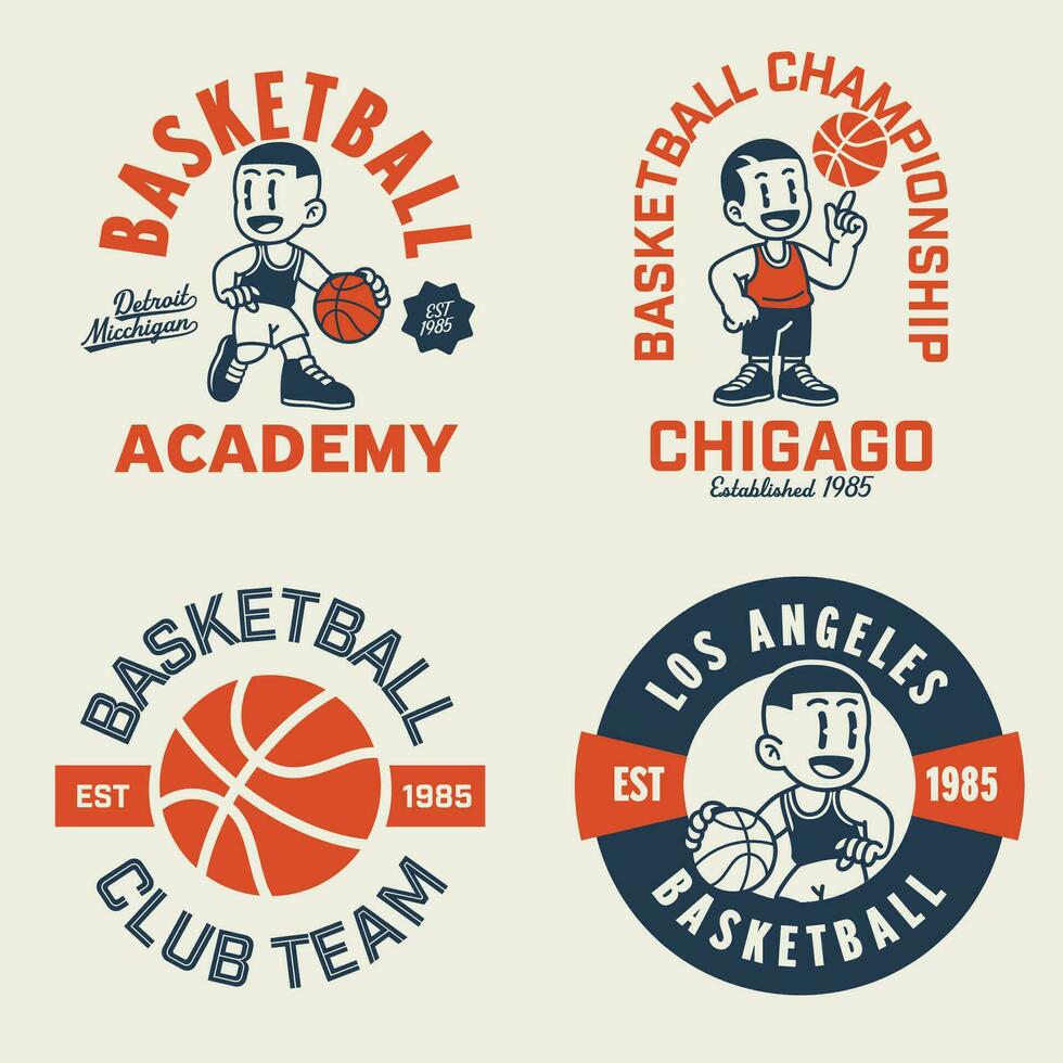 fofa basquetebol logotipo e mascote conjunto dentro vintage retro estilo vetor