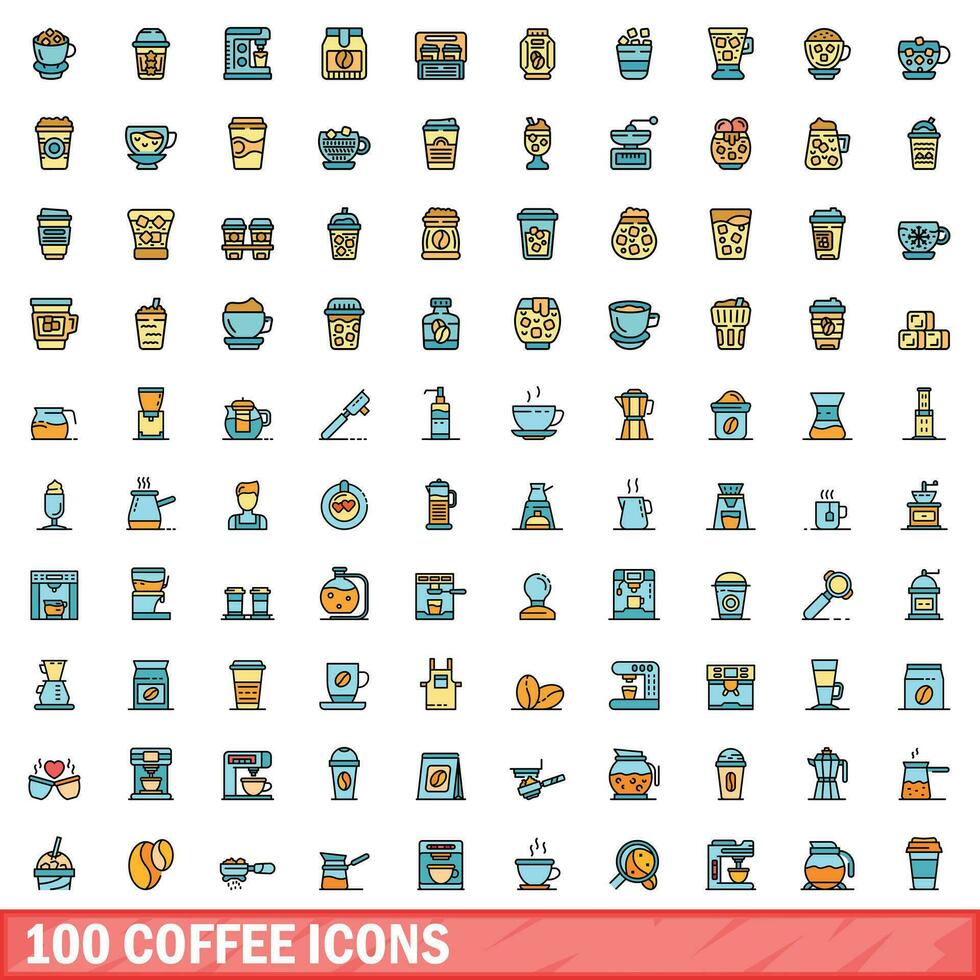 100 café ícones definir, cor linha estilo vetor