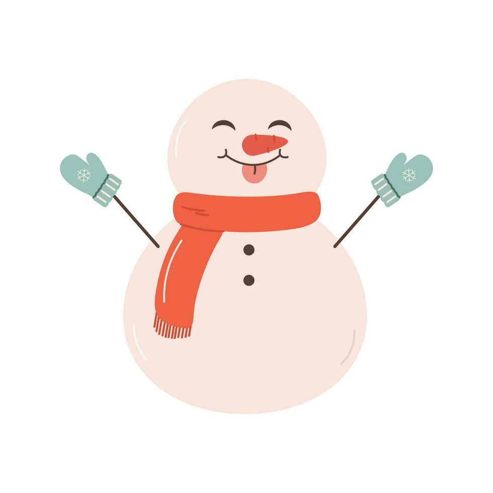 a boneco de neve mostra dele língua, pega flocos de neve com dele língua. vetor