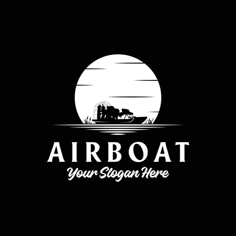pôr do sol ou noite lua lago rio Riacho pântano com aerobarco silhueta ilustração logotipo Projeto vetor