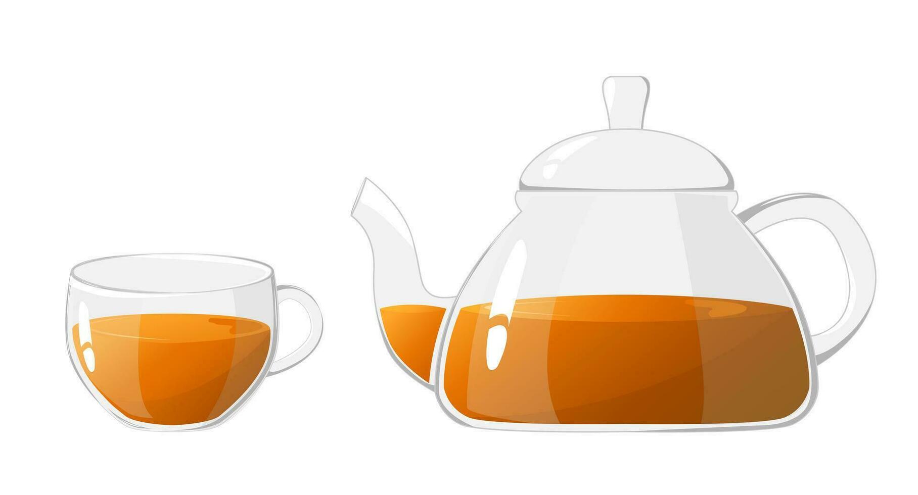 vidro chaleira e copo com chá. transparente vidro chaleira e copo. vidro chá chaleira para ebulição água, talheres para chá cerimônia às lar. saudável bebidas conceito vetor