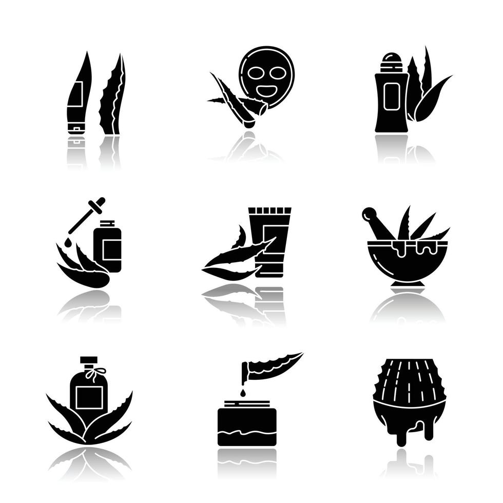 conjunto de ícones de glifo preto de sombra projetada de aloe vera vetor