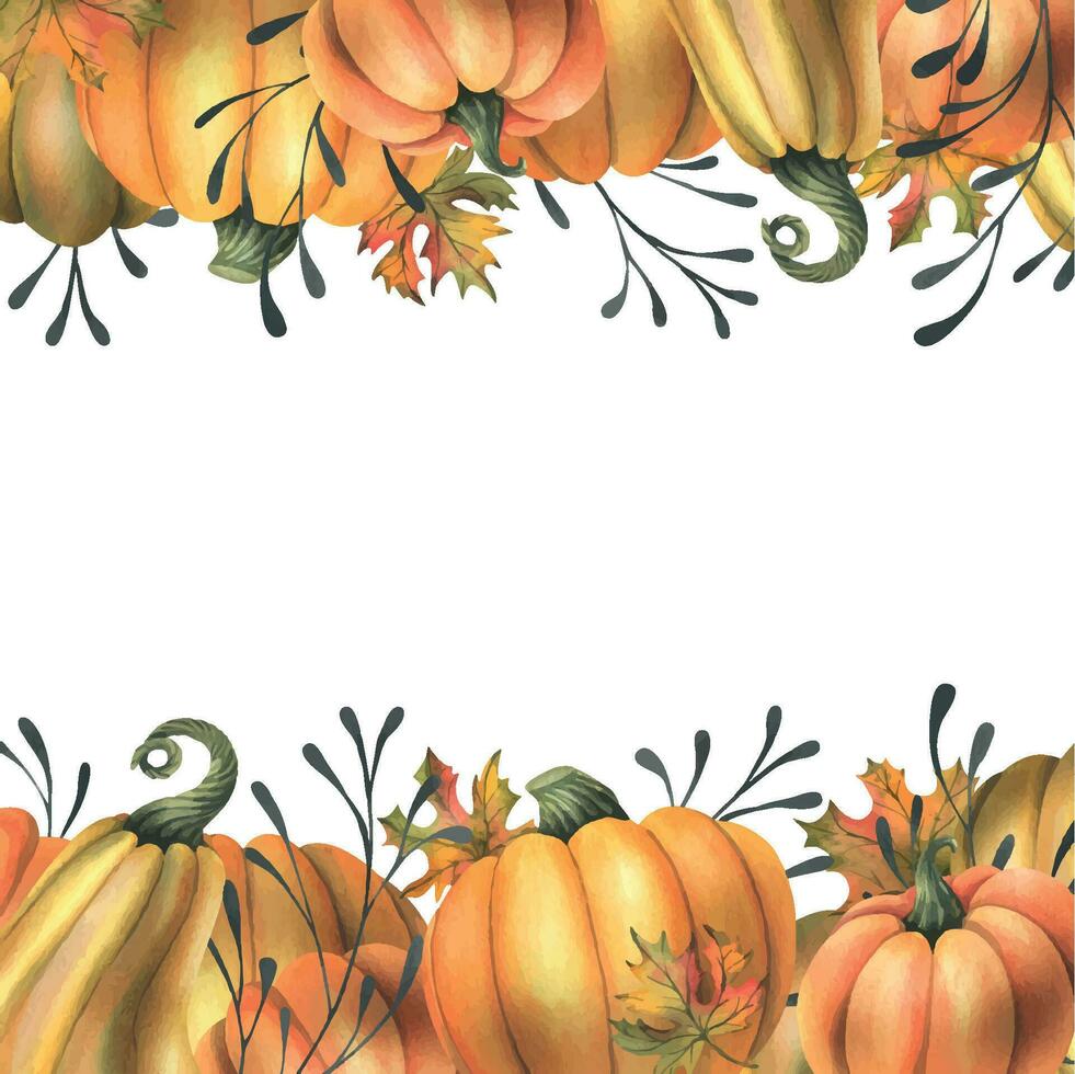 laranja outono abóboras com bordo folhas e galhos. aguarela ilustração, mão retirou. quadro, modelo, borda em uma branco fundo. vetor