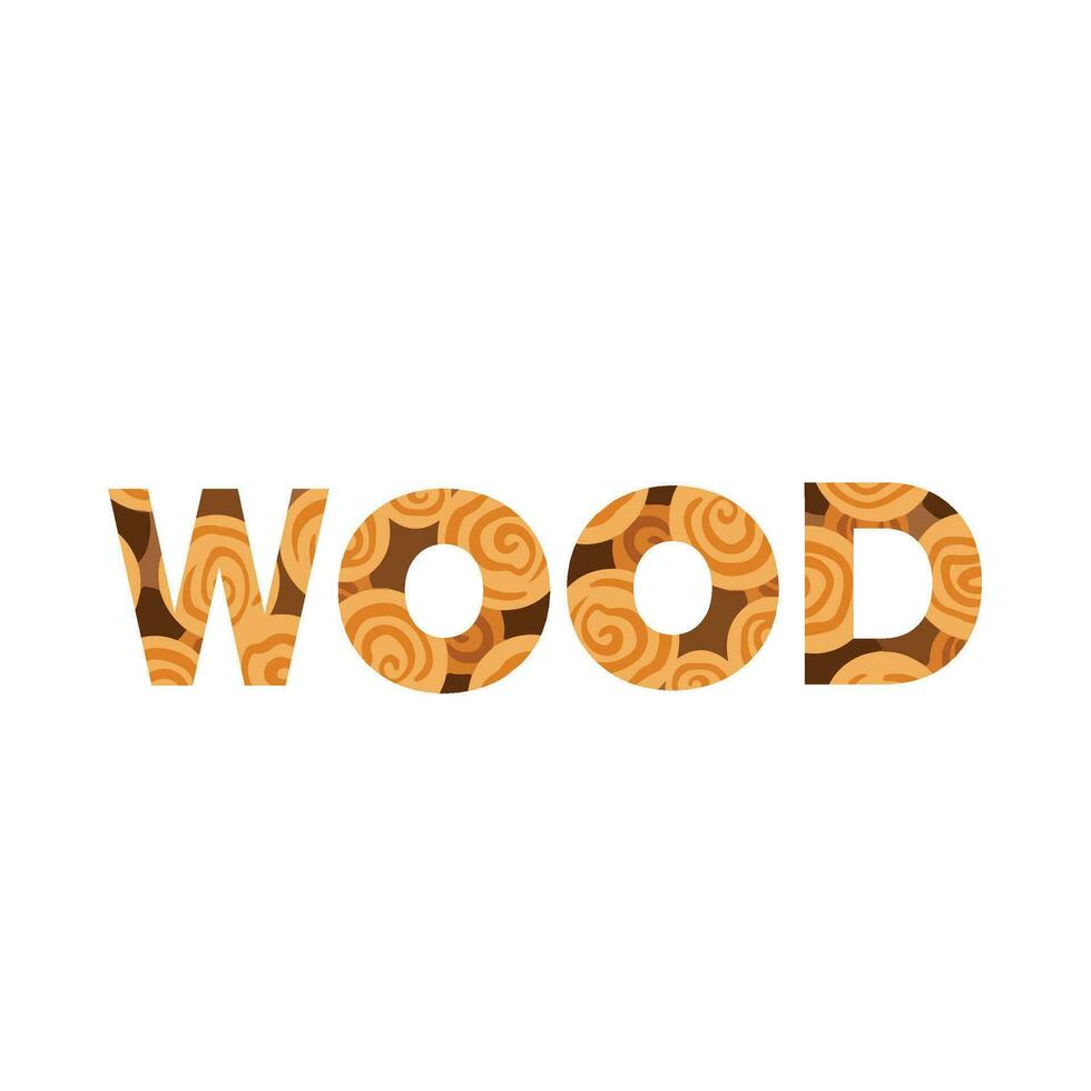 madeira palavra cartas com circular de madeira árvore pilha textura vetor tipografia ilustrativo texto isolado em quadrado branco fundo. simples plano arte estilizado vetor desenho.