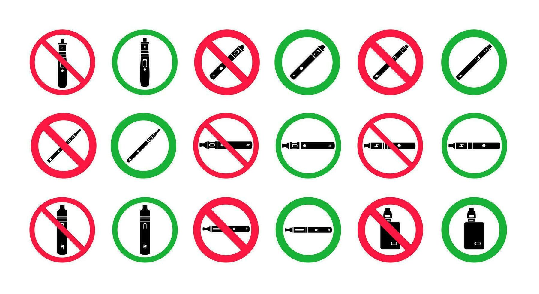 não Cigarro eletrônico e Cigarro eletrônico área sinais. vermelho proibido e verde permitido círculos sinais ícone conjunto vetor