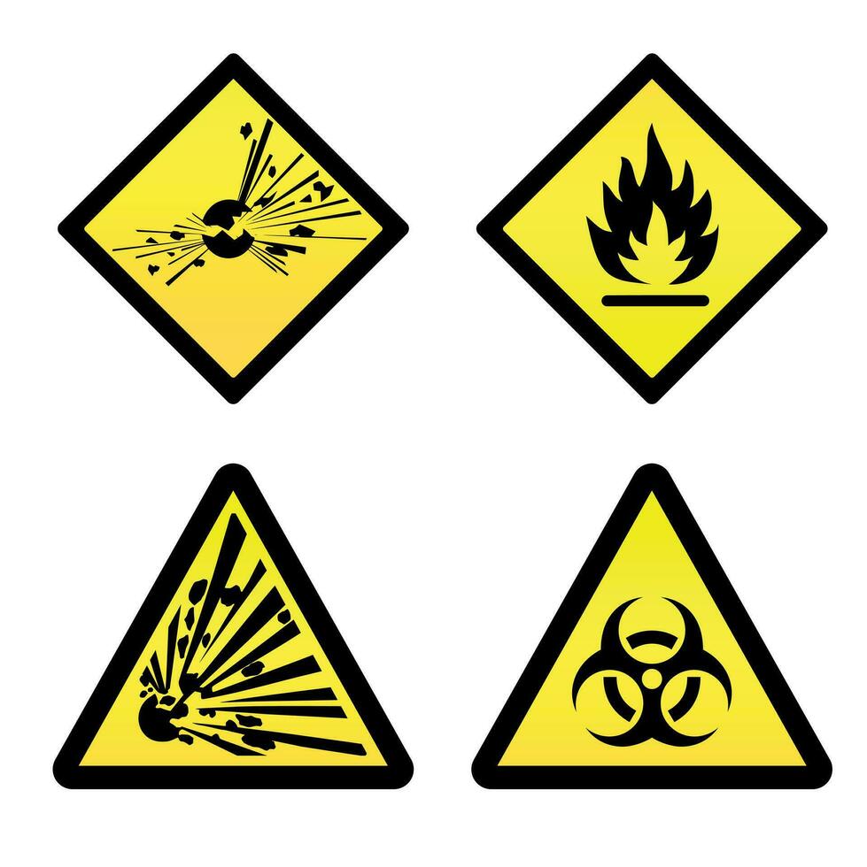 quatro amarelo Atenção sinais para tóxico e explosivo perigos vetor