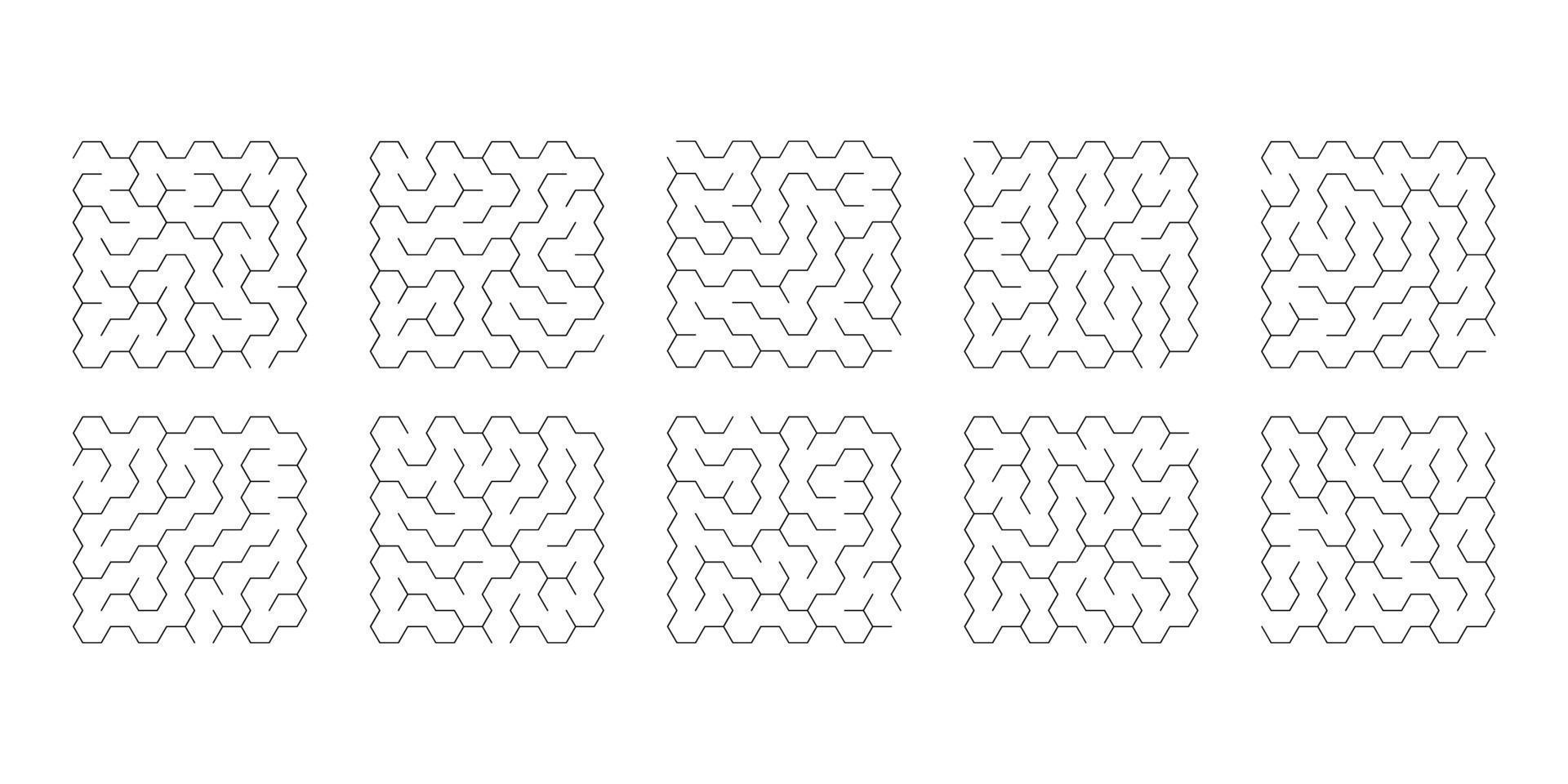 ilustração em vetor de um conjunto de 10 labirintos de hexágonos para crianças