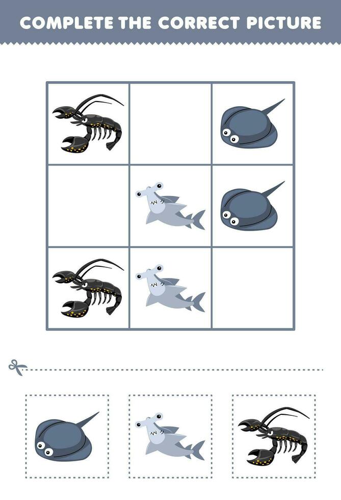 Educação jogos para crianças completo a corrigir cenário do uma fofa desenho animado arraia martelo Tubarão e lagosta imprimível embaixo da agua planilha vetor