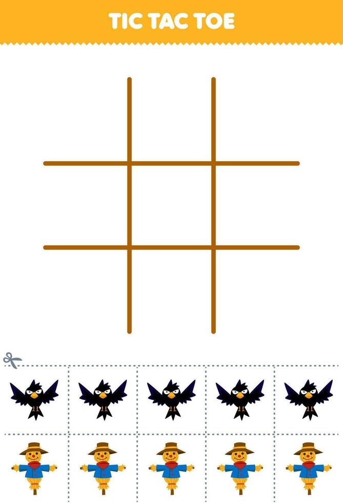 Educação jogos para crianças tic tac dedo do pé conjunto com fofa desenho animado Corvo e espantalho cenário imprimível Fazenda planilha vetor