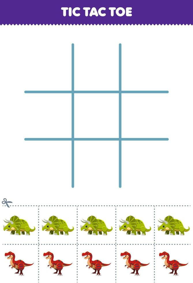 Educação jogos para crianças tic tac dedo do pé conjunto com fofa desenho animado triceratops e tiranossauro cenário imprimível pré-histórico dinossauro planilha vetor