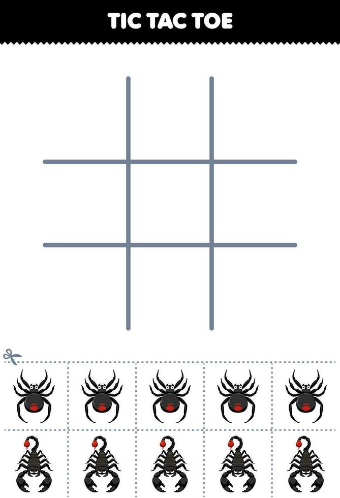 Educação jogos para crianças tic tac dedo do pé conjunto com fofa desenho animado aranha e escorpião cenário imprimível erro planilha vetor