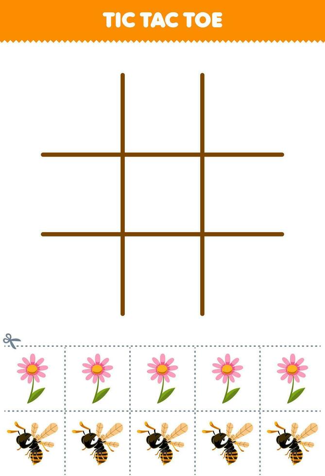 Educação jogos para crianças tic tac dedo do pé conjunto com fofa desenho animado flor e vespa cenário imprimível erro planilha vetor