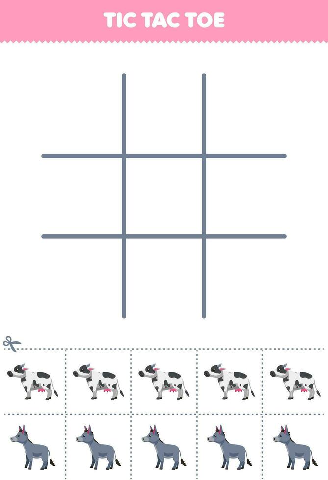 Educação jogos para crianças tic tac dedo do pé conjunto com fofa desenho animado asno e vaca cenário imprimível Fazenda planilha vetor