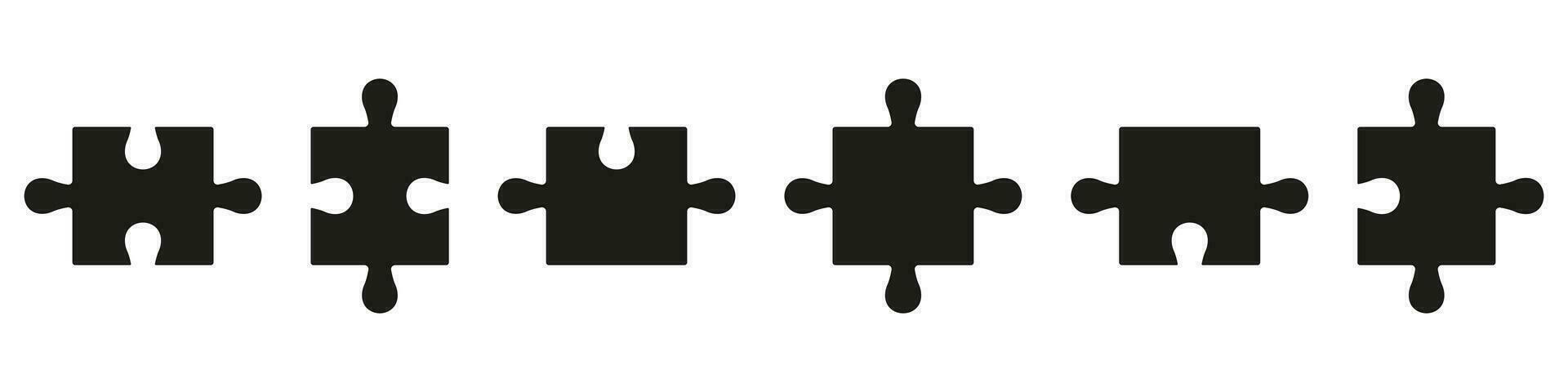 quebra-cabeças partes Coincidindo juntos silhueta ícone definir. enigma peças em forma dentro combinação pictograma. trabalho em equipe, estratégia, debate sólido símbolo. completo jogos solução. isolado vetor ilustração.