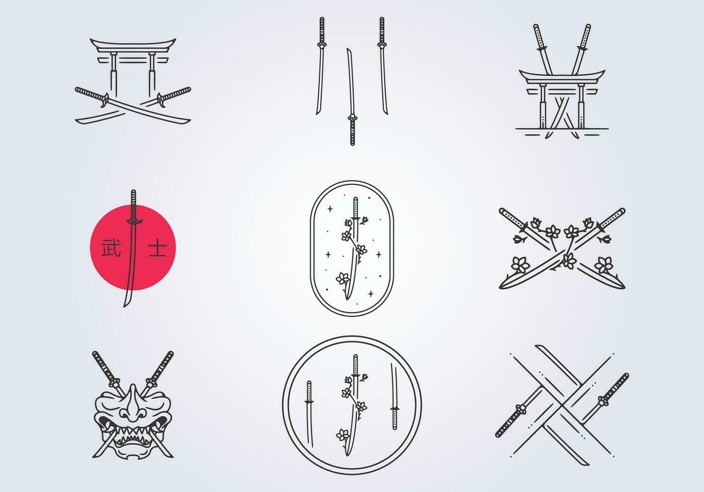 conjunto empacotado Katana samurai icônico símbolo logotipo vetor ilustração Projeto