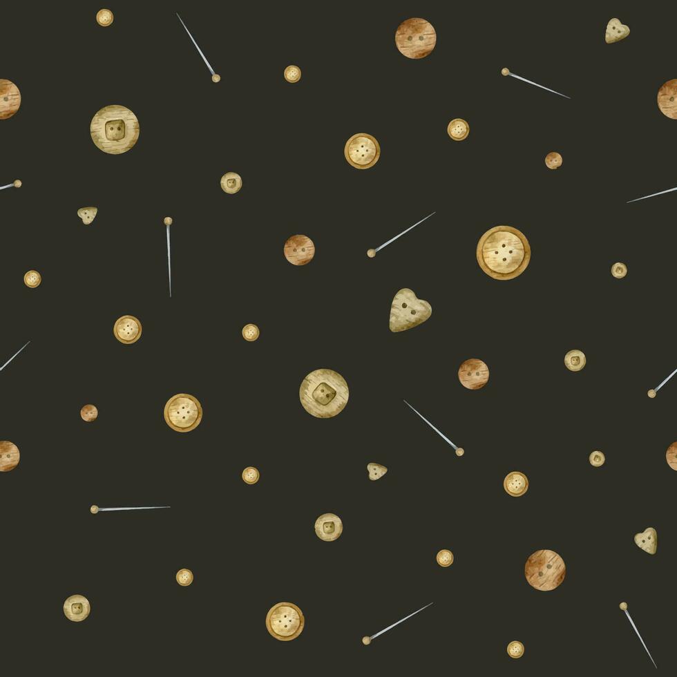diferente de madeira botões, agulhas e alfinetes. desatado padronizar com botões. aguarela mão desenhado ilustração. para produtos embalagem projeto, costureira blog, bordado loja vetor