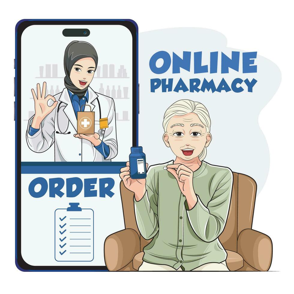 conectados farmacia Serviços. uma fêmea médico dentro lenço de cabeça dá remédio conectados para uma Senior mulher. vetor ilustração livre baixar