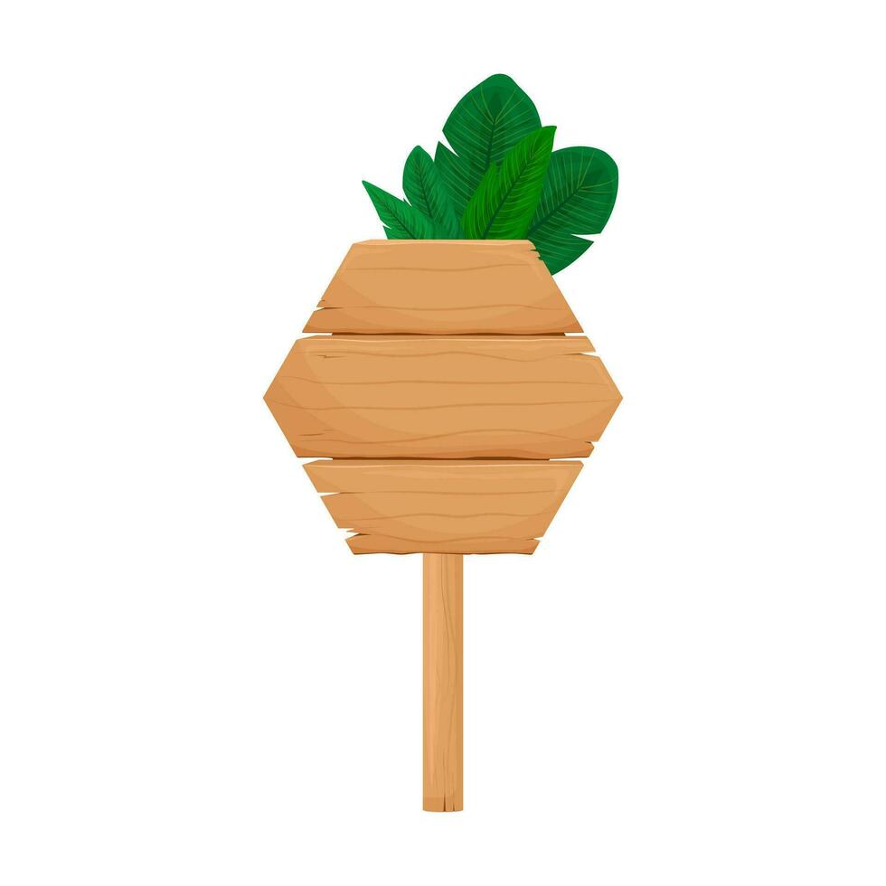 de madeira prancha bandeira com tropical folhas, favo de mel forma em uma grudar. de madeira tabuleta modelo em uma branco fundo. vetor ilustração
