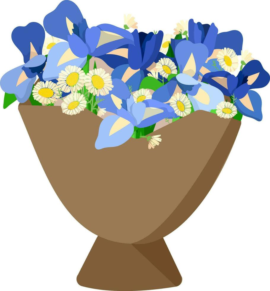 ilustração do uma ramalhete do flores - branco margaridas e azul íris dentro construir papel com uma azul fita vetor