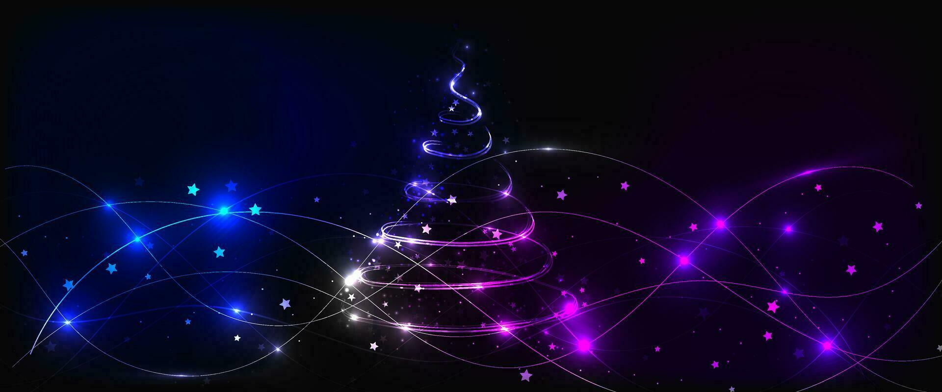 néon espumante Natal árvore com estrelas e cintilante luz linhas e ondas. movimento com luz efeito e destaques. luz brilho efeito. vetor ilustração.