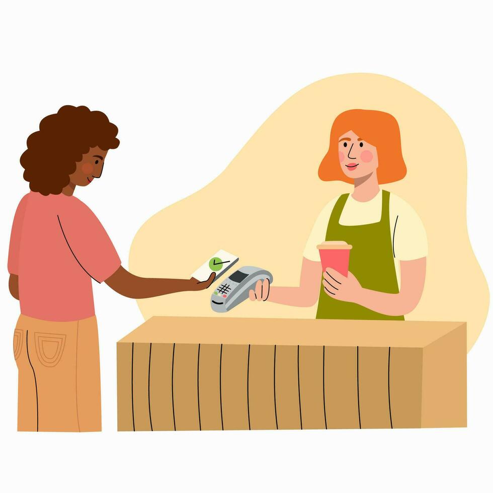 mulher pagando com pos terminais e nfc tecnologia dentro café fazer compras. sem contato sem dinheiro pagamentos com celular telefone aplicativos. vetor