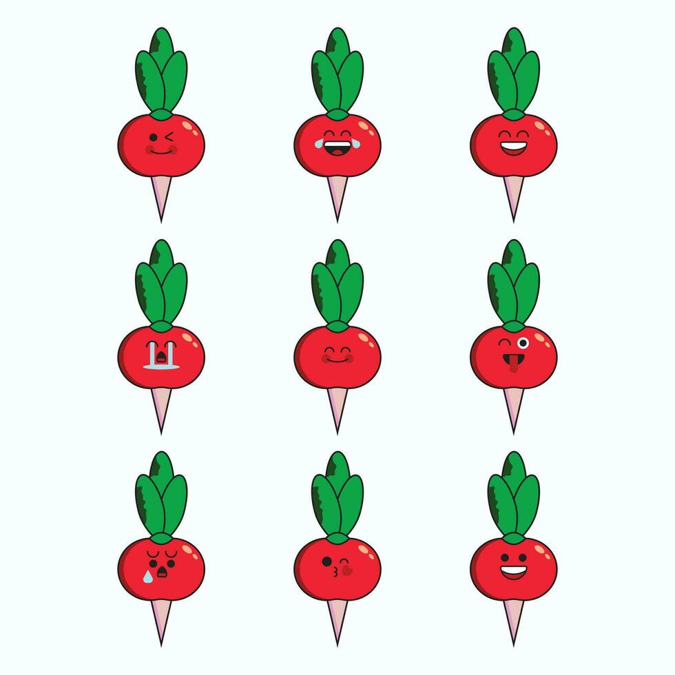 vetor conjunto do vegetal emoticons. engraçado rabanete emoji com face.