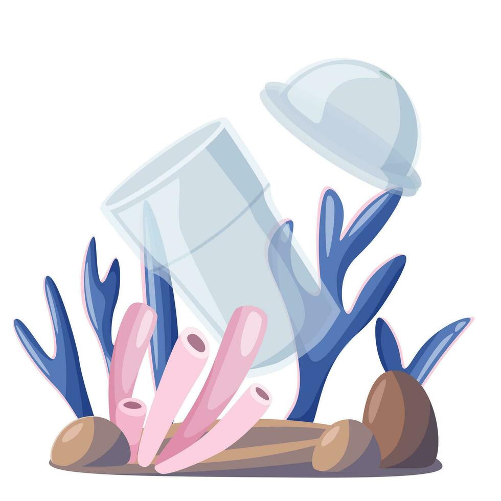 oceano poluição, plástico poluição ilustração, lixo debaixo a mar. plástico vidro para café e limonada dentro algas marinhas e coral. plano estilo, vetor ilustração.