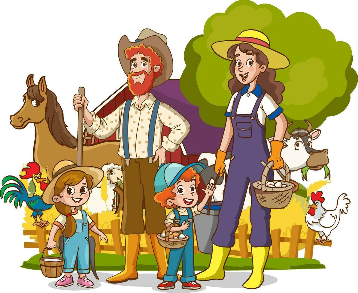 vetor ilustração do feliz agricultor família e Fazenda animais