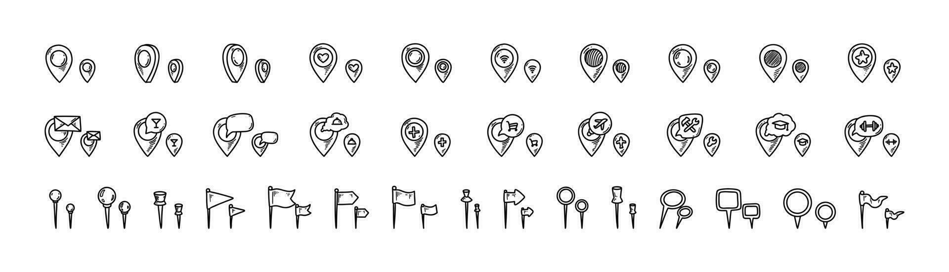 navegação identificar, localização mapa alfinetes. rabisco esboço vetor ilustração. grande conjunto do mão desenhado GPS ponteiros. aeroporto, hospital, Wi-fi, academia, restaurante, nu, loja endereço. destino símbolo