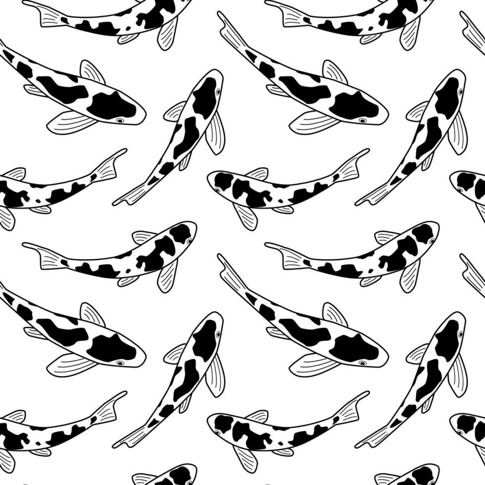 koi carpa desatado padronizar. Preto e branco contorno desenhando do visto japonês peixe. linha vetor ilustração. fundo com peixe.