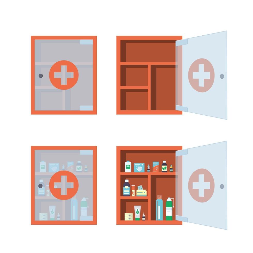 gabinete médico vermelho com porta de vidro transparente. armário de medicamentos vetor