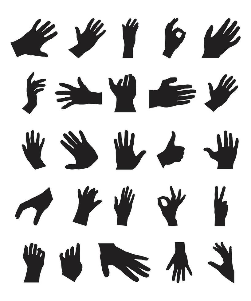 conjunto do vários Preto silhueta humano mãos. vetor coleção do masculino mãos do diferente gestos.