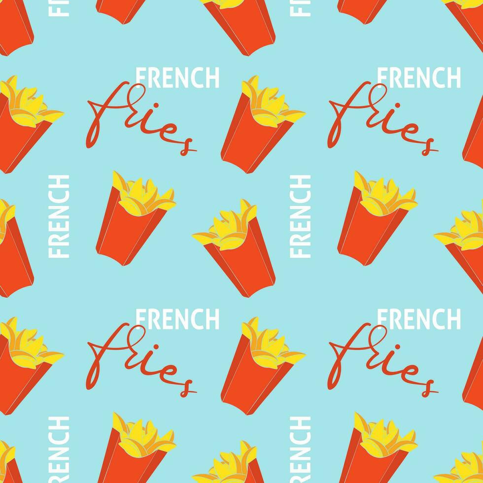 padronizar com francês frito batatas dentro vermelho caixa embalagem dentro azul fundo. vetor