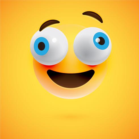 Emoticon amarelo realista na frente de um fundo amarelo, ilustração vetorial vetor